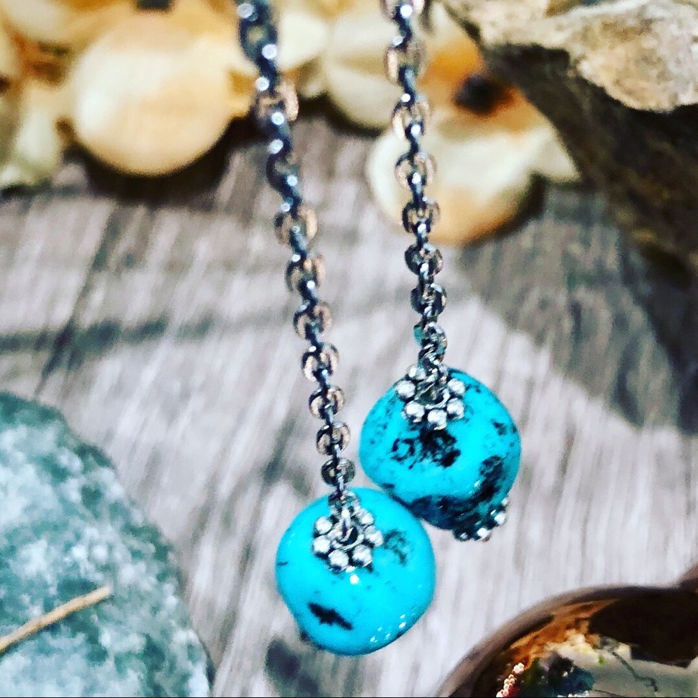 Handmade beaded drop chain turquoise earrings